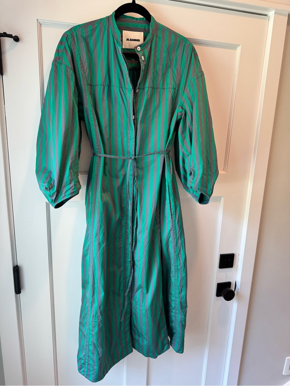 Jil Sander Green Gray Stripe Cotton Shirt Dress Belted Size 38 / US M